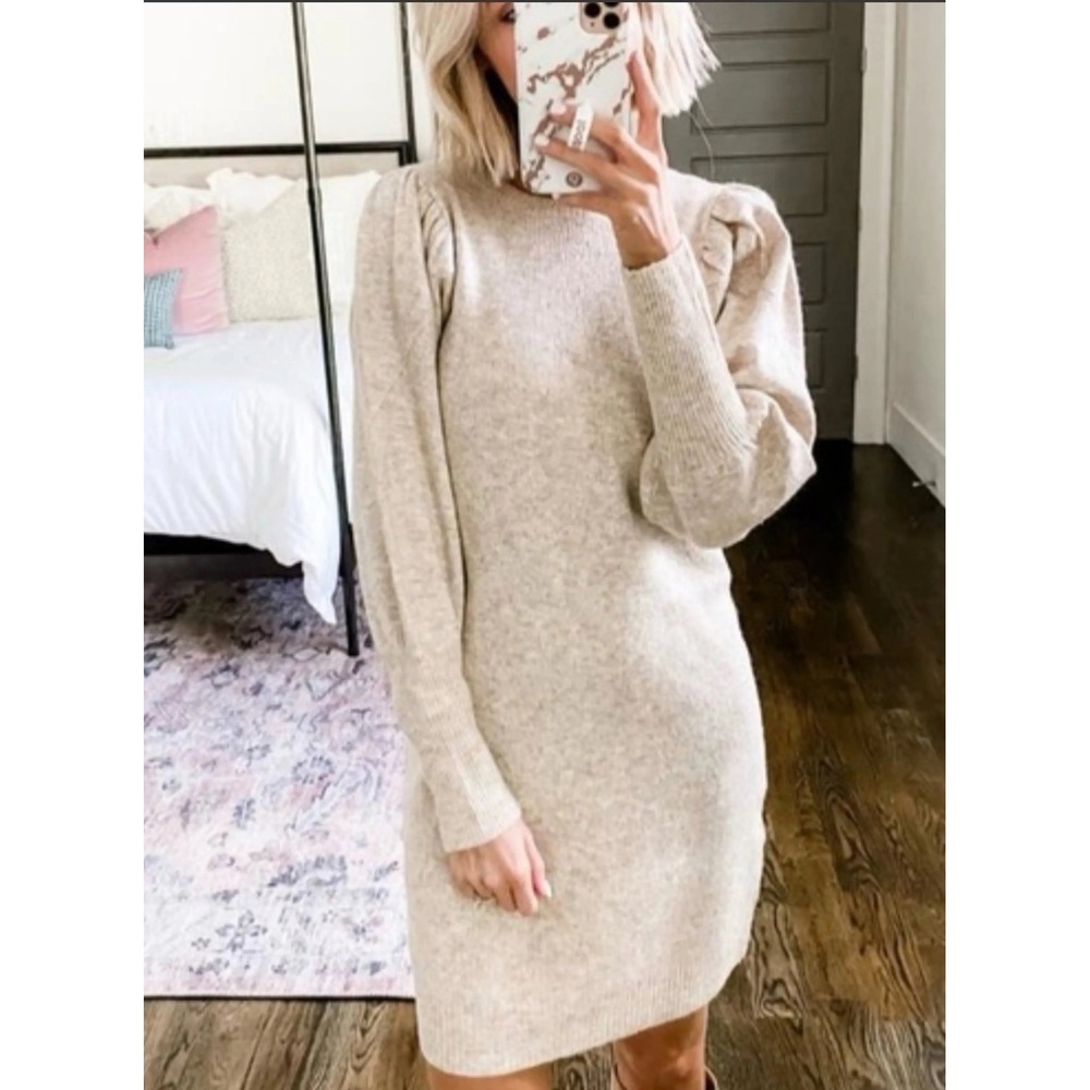 A New Day Women Oatmeal Beige Puff Sleeve Knit Sweater Dress Size M